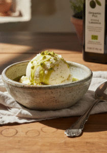 Olive Oil Ice Cream with Organic PGI Lakonia Extra Virgin Olive Oil
