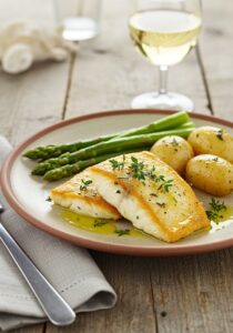 Pan-Seared Sea Bass with White Wine & Olive Oil Sauce